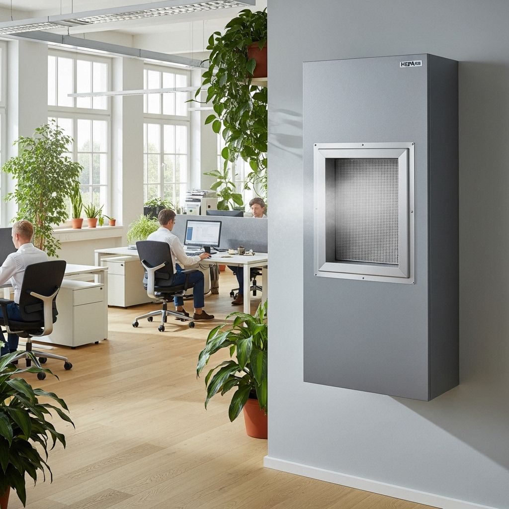 HEPA air filtration unit with visible filter element in an open-plan office space with natural light and plants in Germany