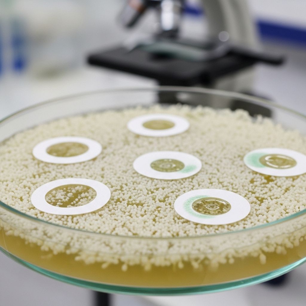 Agar plate in microbiology laboratory showing zones of inhibition around antibiotic discs testing antimicrobial resistance in urban bacterial strains