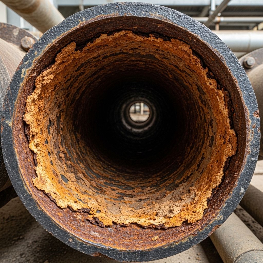 Cross-sectional view of an aged water pipe interior showing thick brown and orange biofilm deposits along pipe walls in industrial building