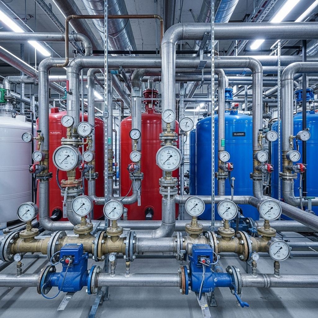 Interior view of large commercial building HVAC ventilation duct system with metal pipes and air handling units in a modern urban office building in Germany