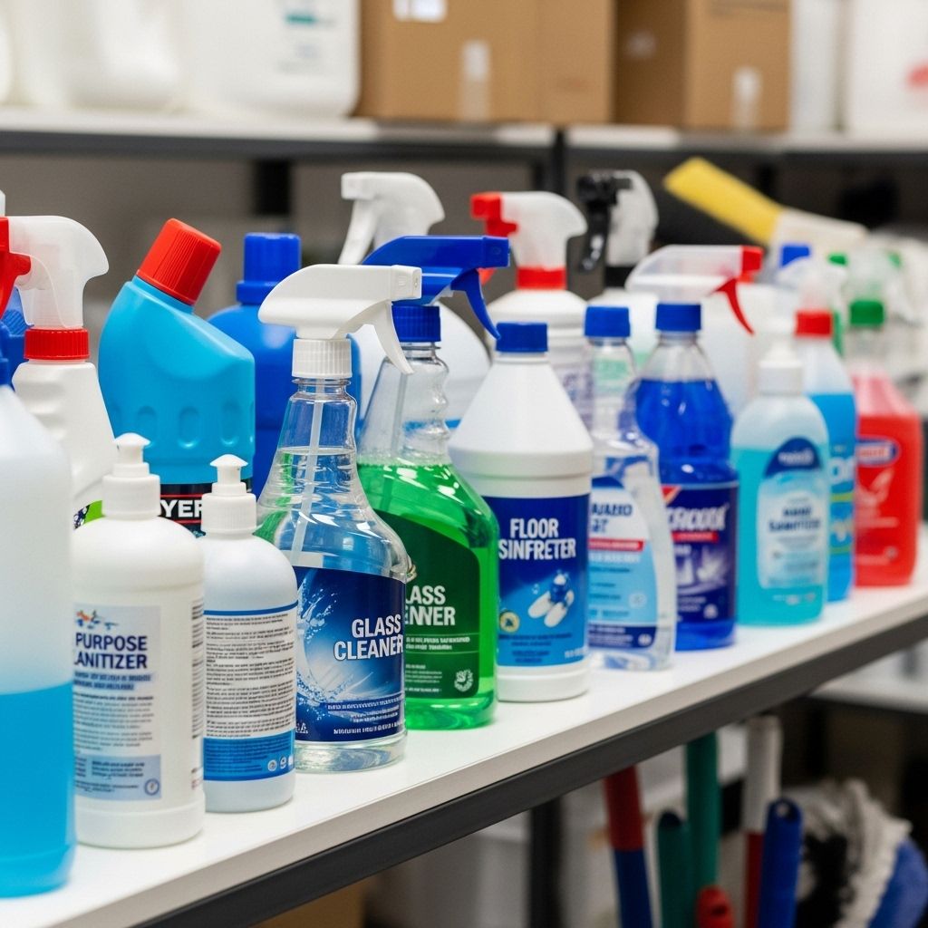Array of professional commercial cleaning and disinfection product bottles on white shelf in a facility management supply room showing eco-labeled German brands