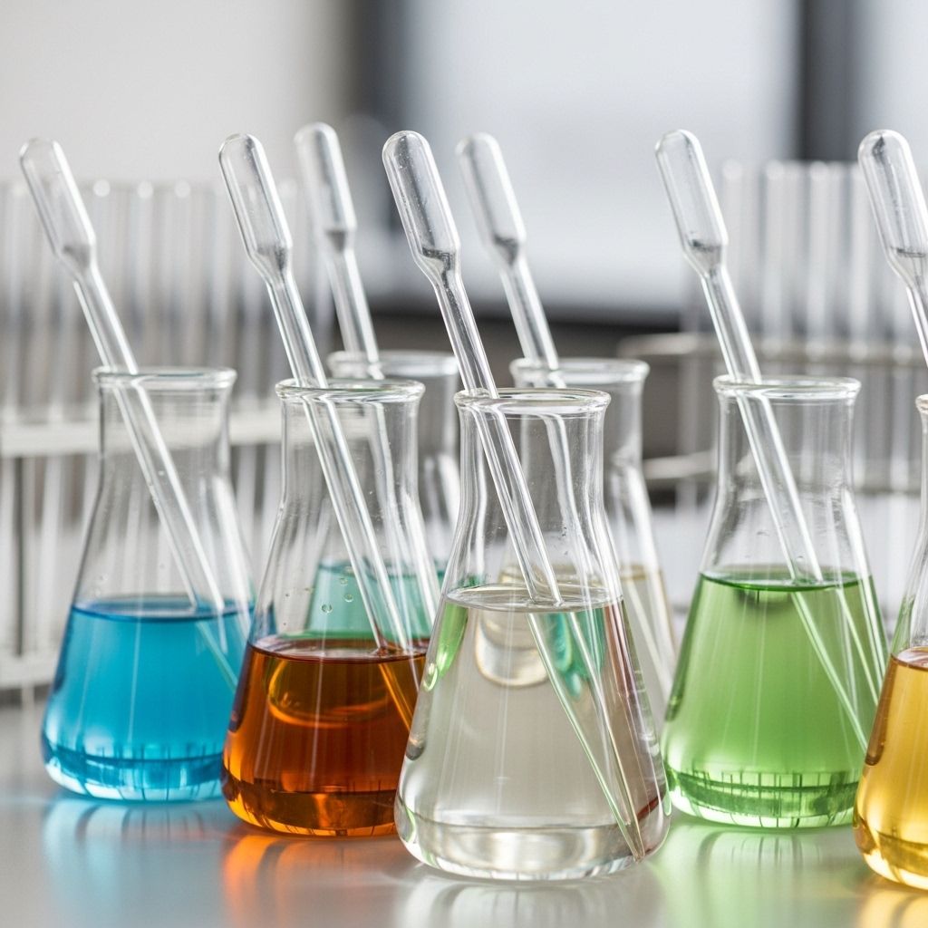 Close-up laboratory bench with multiple glass beakers containing clear and pale blue chemical solutions alongside pipettes and measuring instruments in a research environment