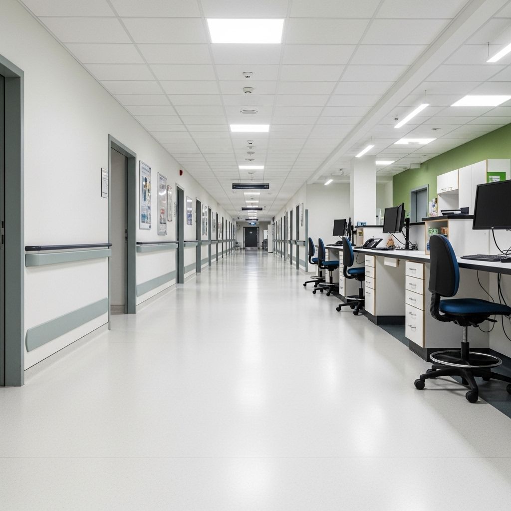 Long clean hospital corridor with white linoleum floor and bright overhead lighting showing empty nurses station in a modern German university hospital