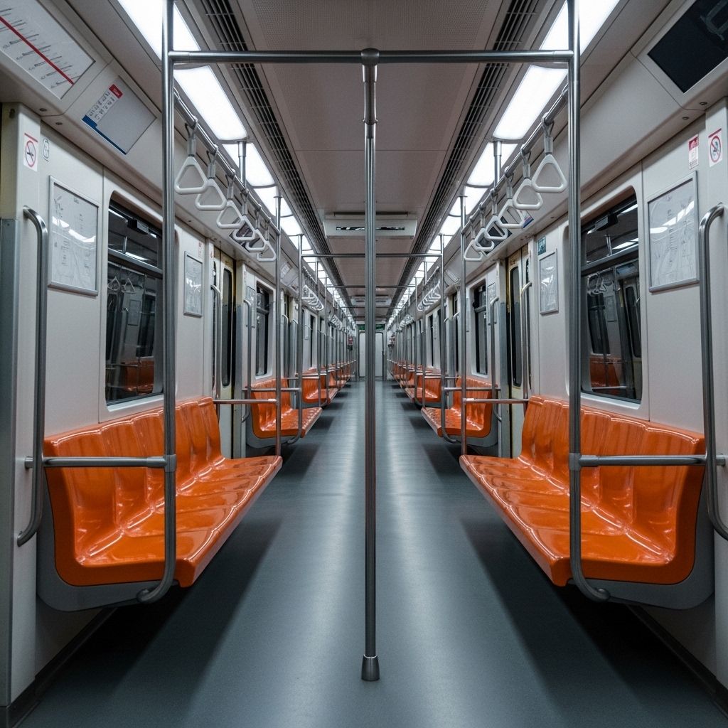 Empty modern subway train car interior with orange seats showing handrails and door handles under bright fluorescent lighting in a German city metro system