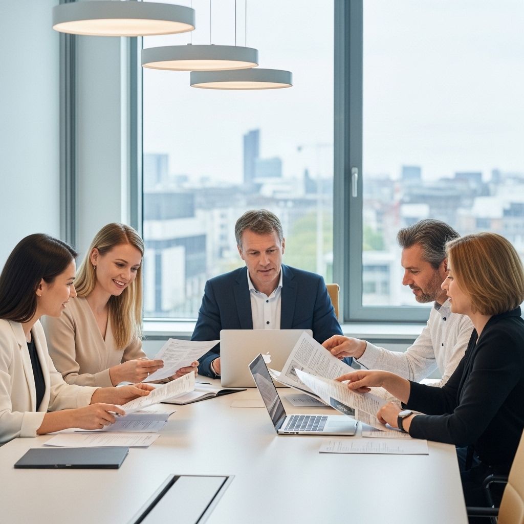 Group of four researchers and editors at a large conference table in a bright modern Düsseldorf office reviewing printed scientific articles and laptop screens